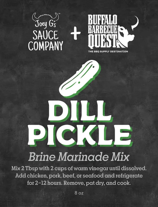 Joey G's Sauce Company and Buffalo Barbecue Quest Dill Pickle Brine Marinade Mix label, 8 oz
