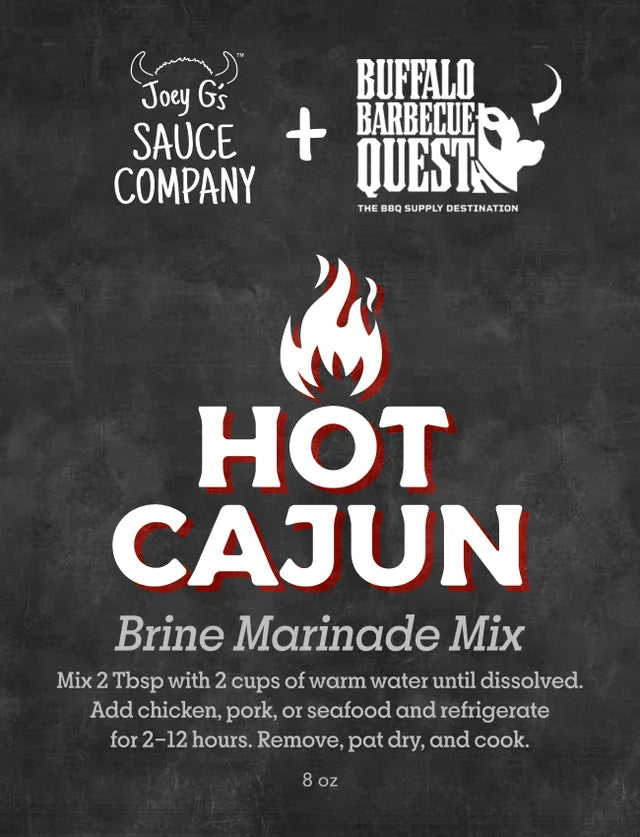 Joey G's Sauce Company and Buffalo Barbecue Quest Hot Cajun Brine Marinade Mix label, 8 oz