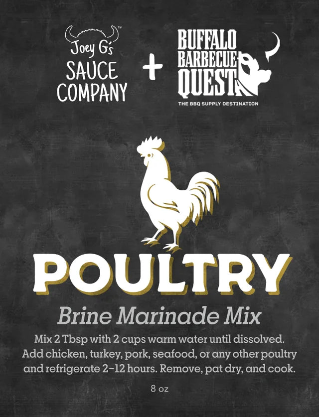 Joey G's Sauce Company and Buffalo Barbecue Quest Poultry Brine Marinade Mix label, 8 oz